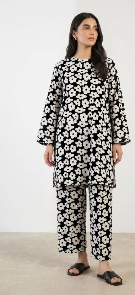 Women's Black & White Daisy Floral Printed Kurta & Trouser Set